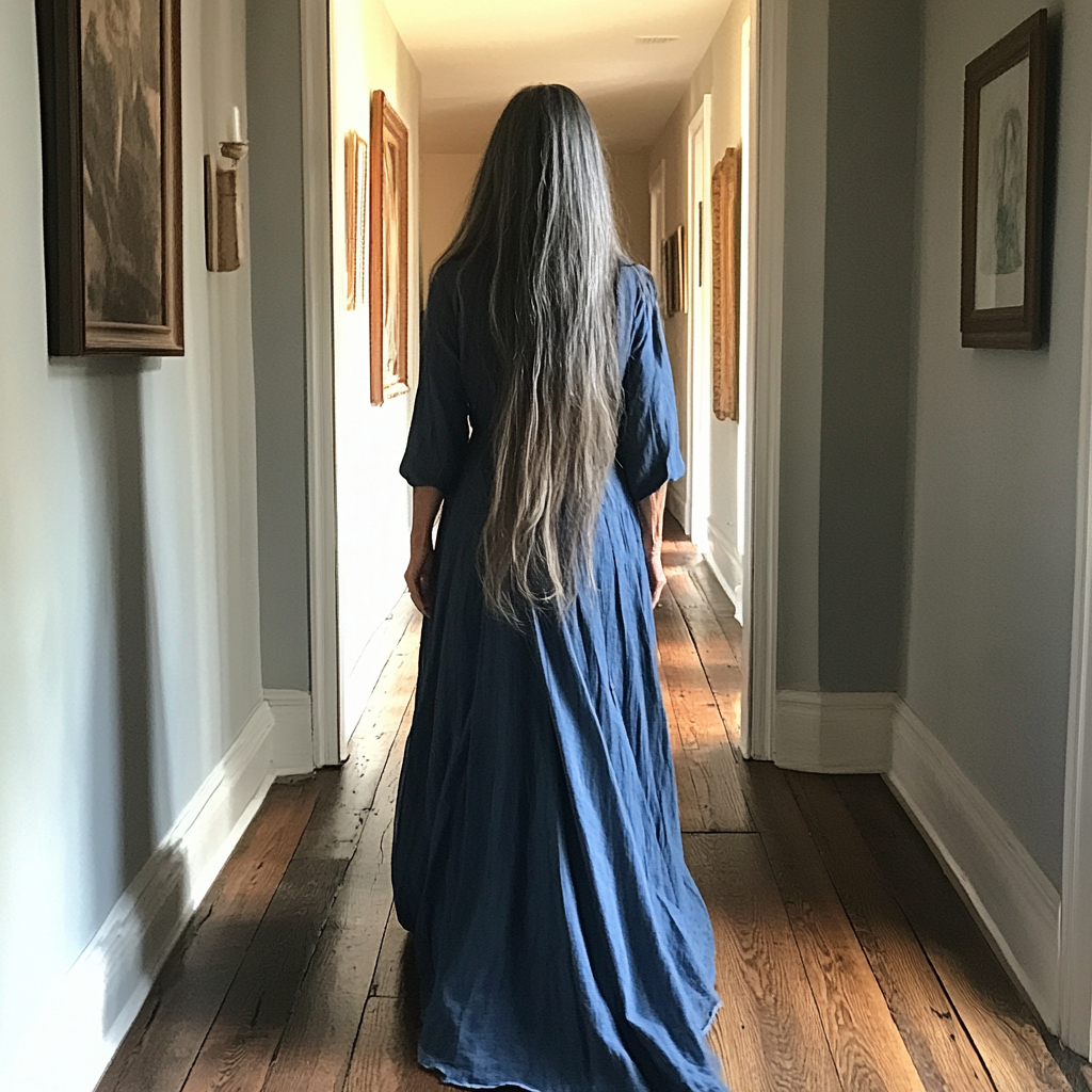 A woman walking down a hallway | Source: no source