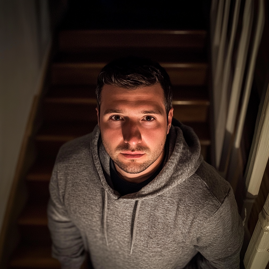 A man wearing a gray hoodie in a basement | Source: No source