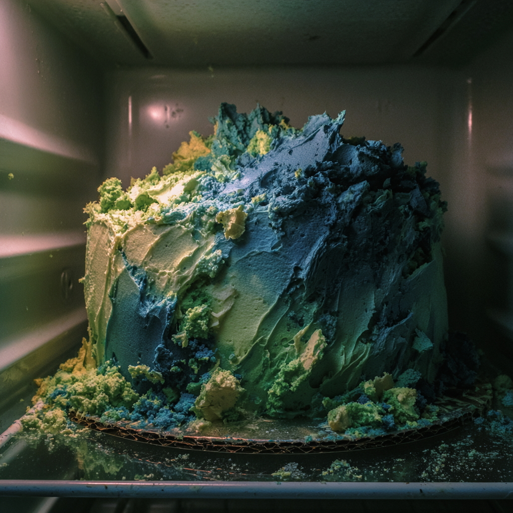 A leftover smashed birthday cake in a fridge | Source: no source