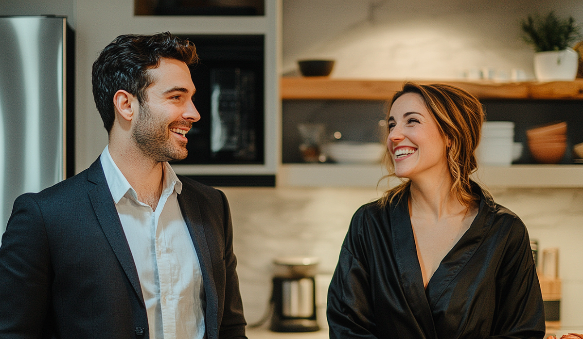 A couple grinning at each other in a kitchen | Source: No source