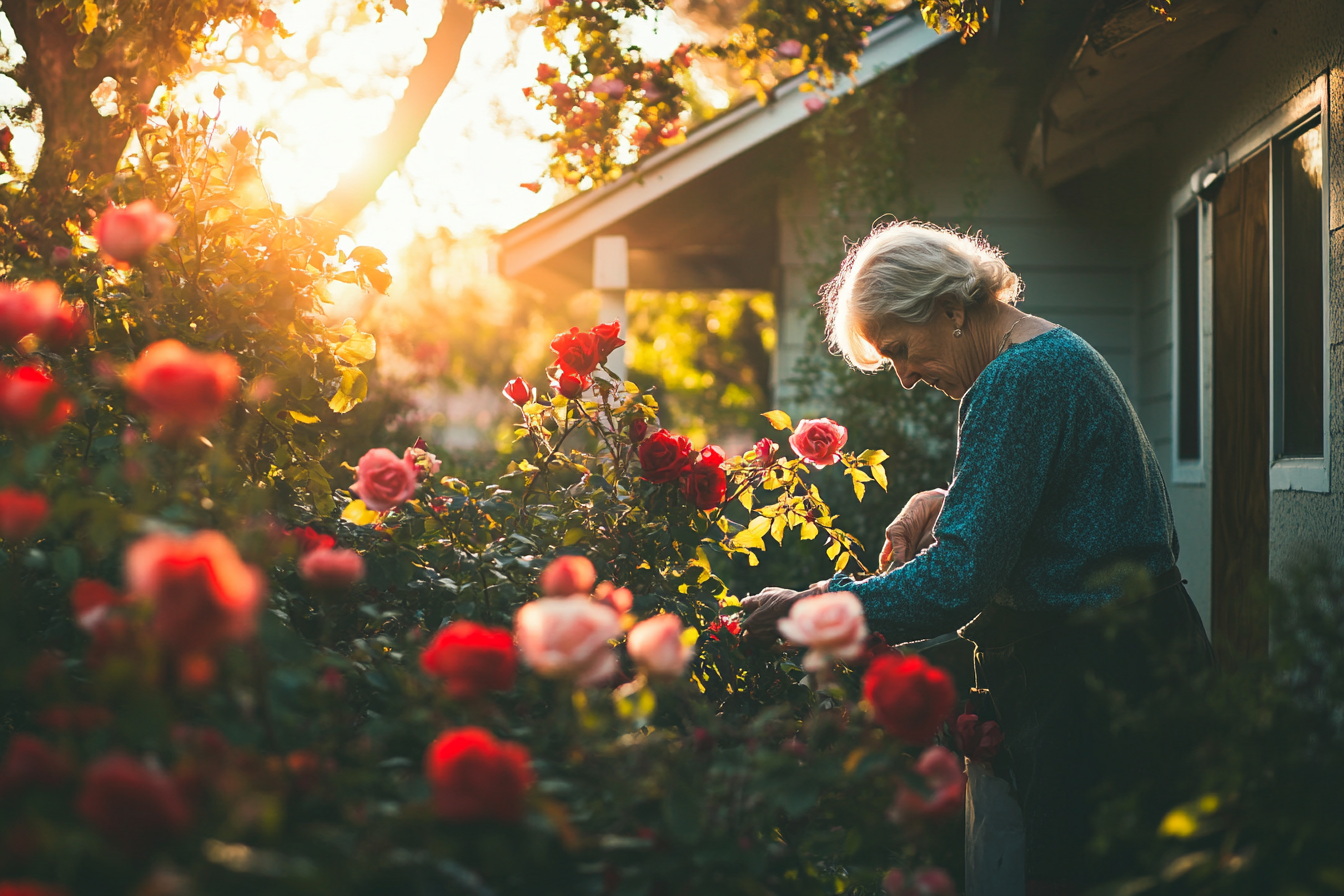 Woman in her 60s pruning rose bushes in front of a nice house | Source: no source