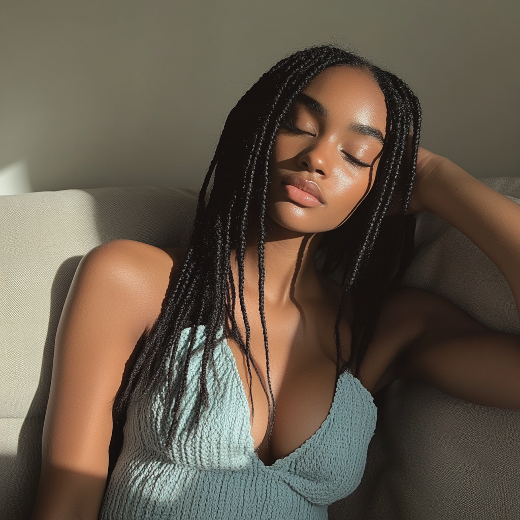 A woman sitting on a couch | Source: No source