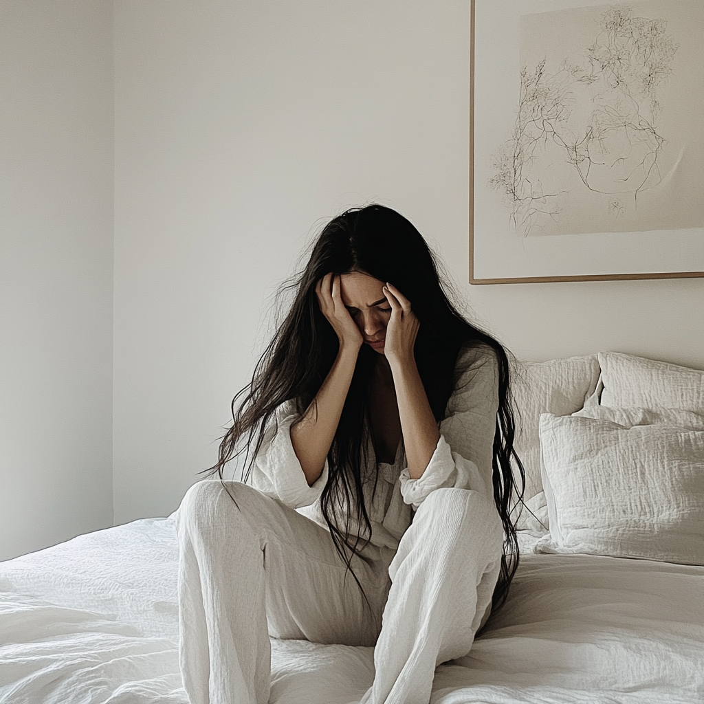 A woman sitting on a bed | Source: no source
