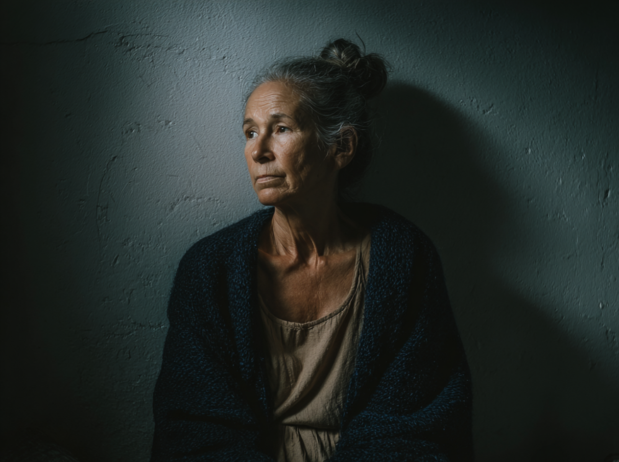 An old woman leaning against a wall | Source: No source