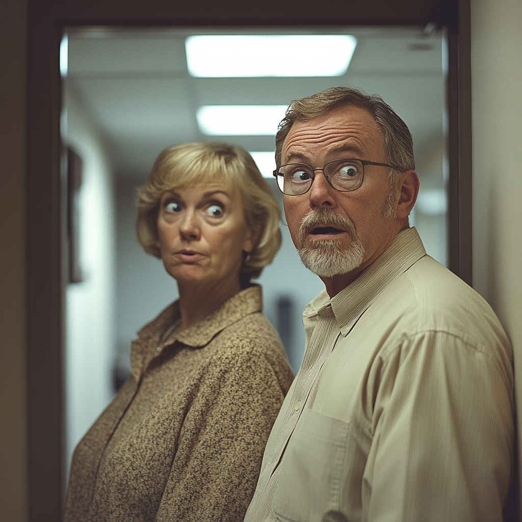 A shocked couple standing by a doorway | Source: no source