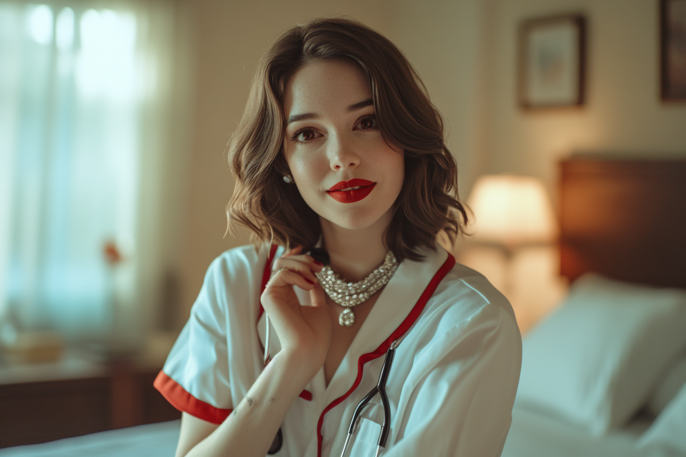 Woman in her 30s smiling and wearing a caregiver's uniform and an expensive necklace | Source: no source