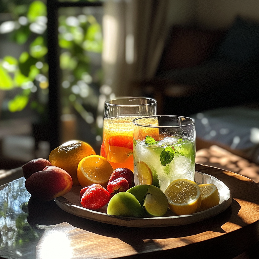 Fruit and beverages on a coffee table | Source: No source