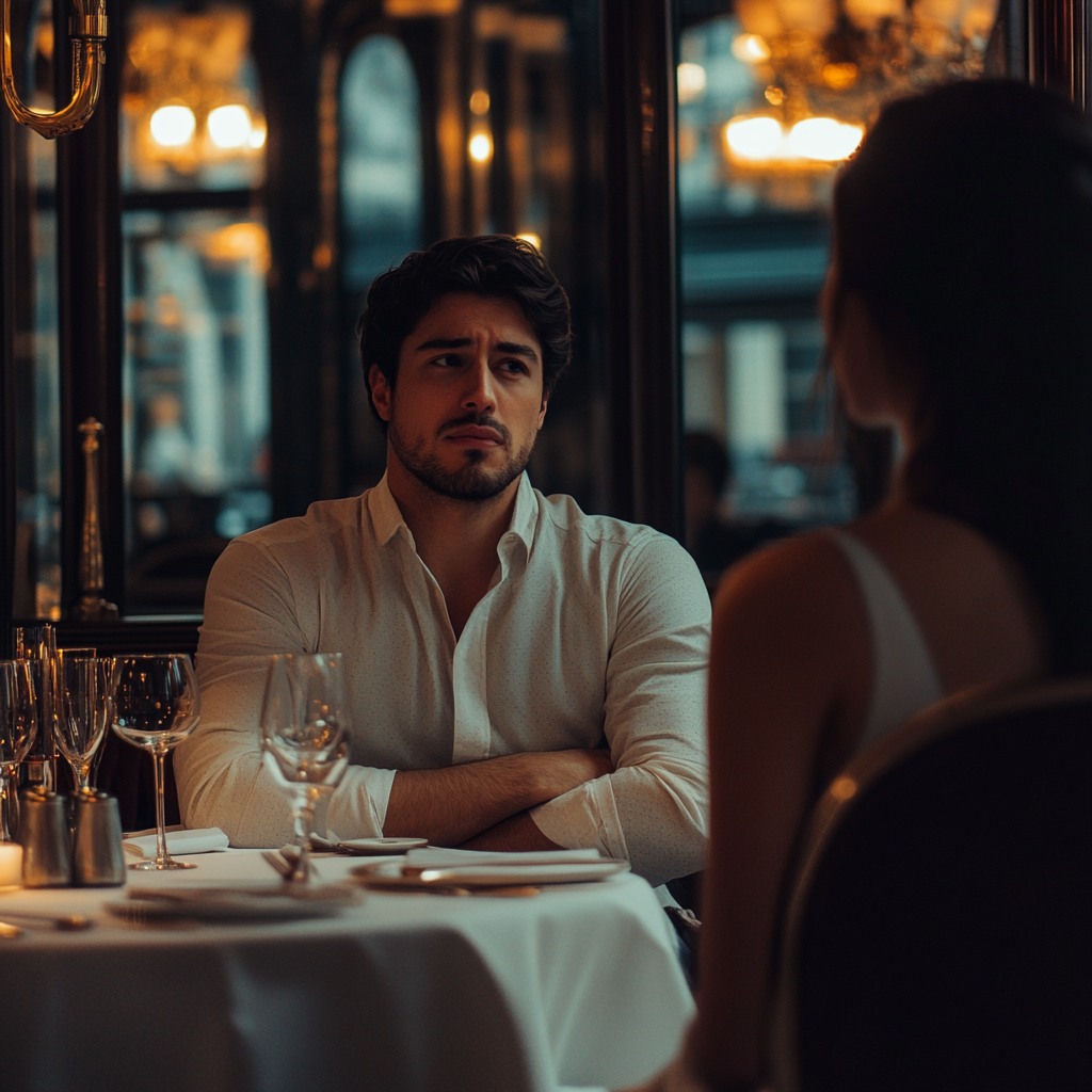 Tense, confused man with arms crossed, talking to his coworker in a fancy restaurant | Source: No source