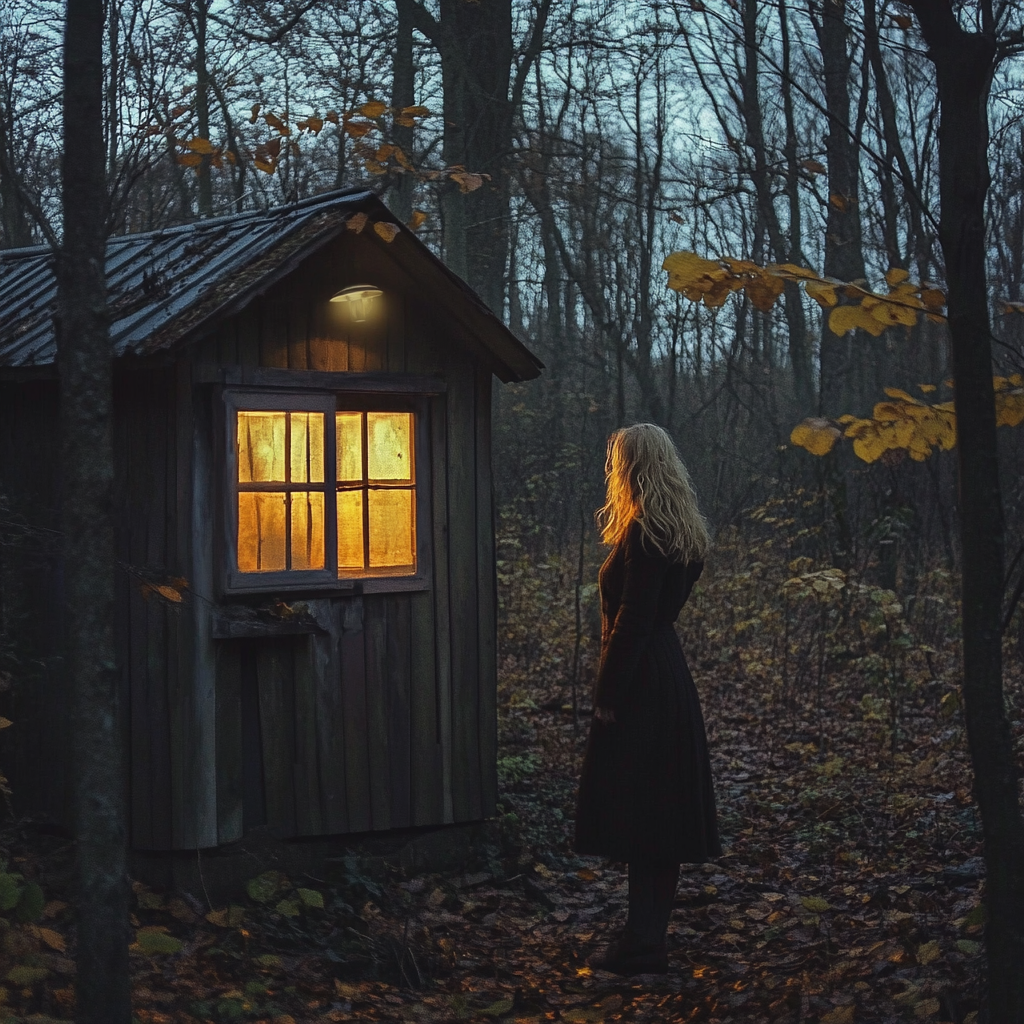 A woman in front of a shack in the woods | Source: No source