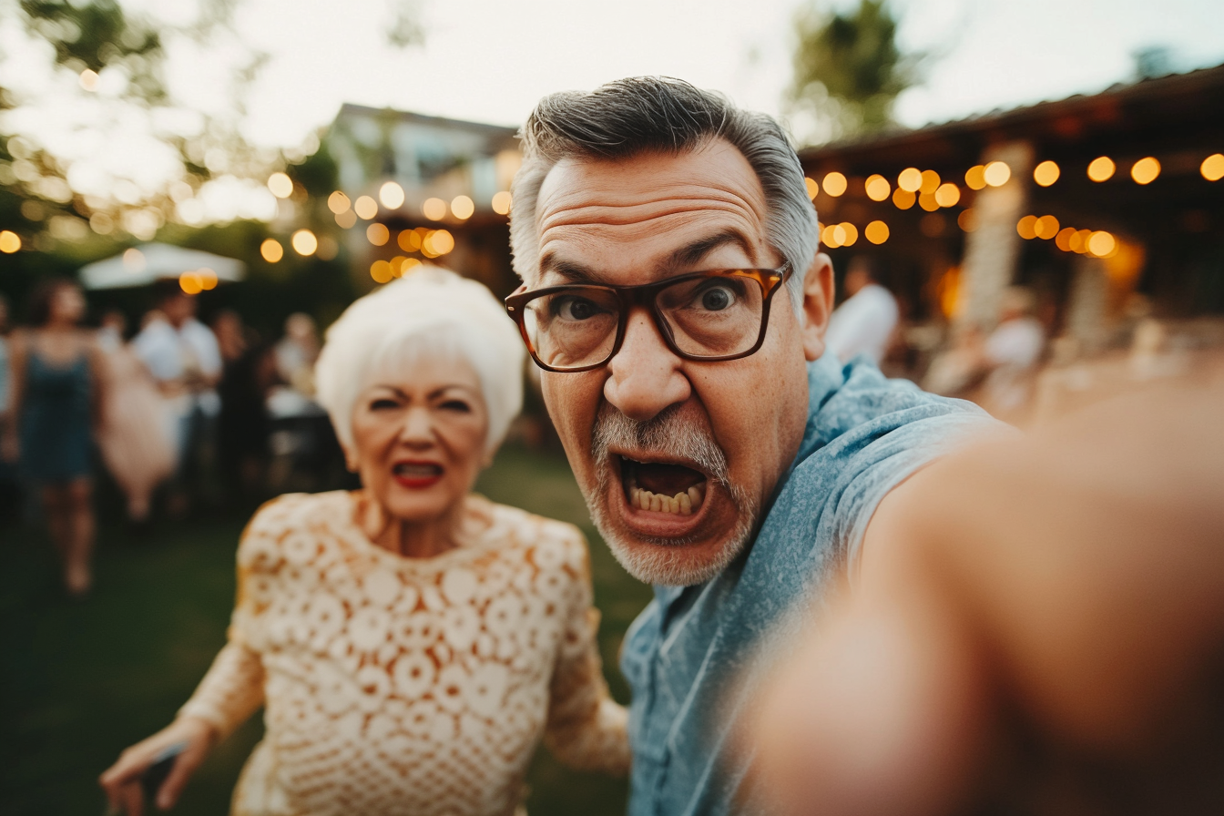 A middle-aged man in front of an older woman looking angry | Source: No source