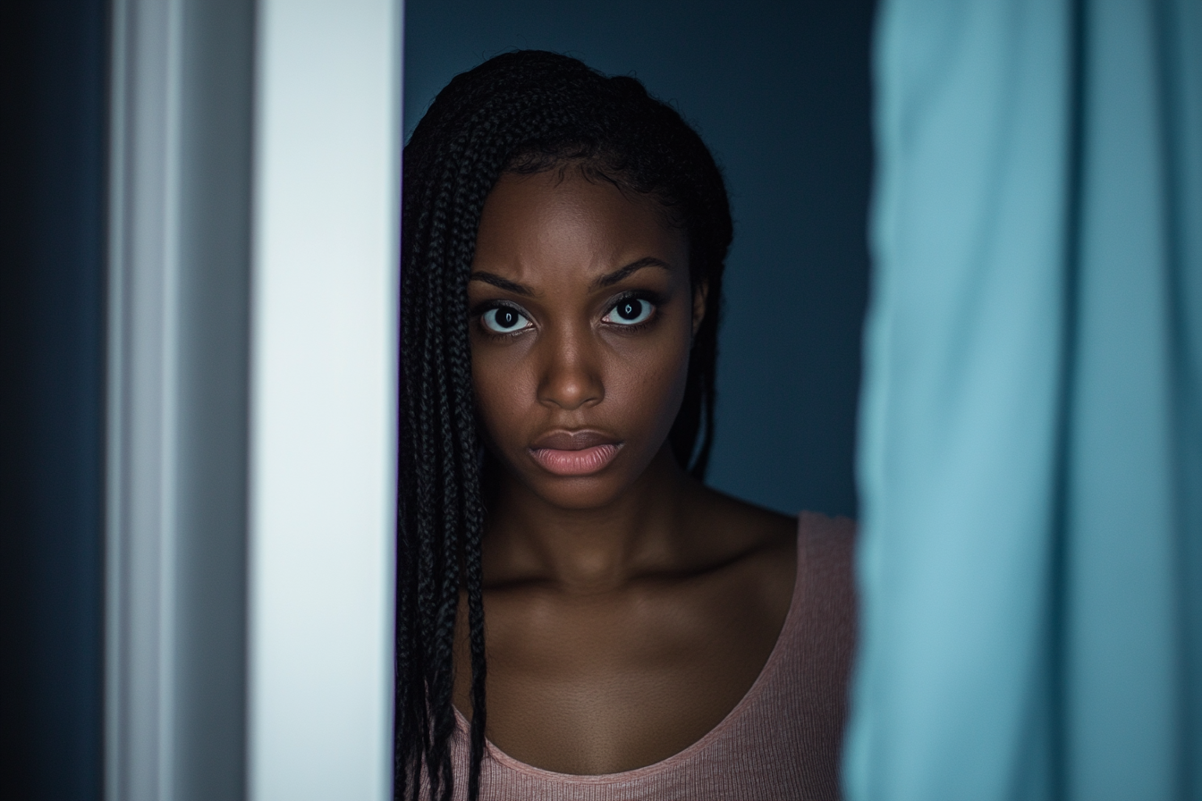 An annoyed woman standing in a doorway | Source: no source