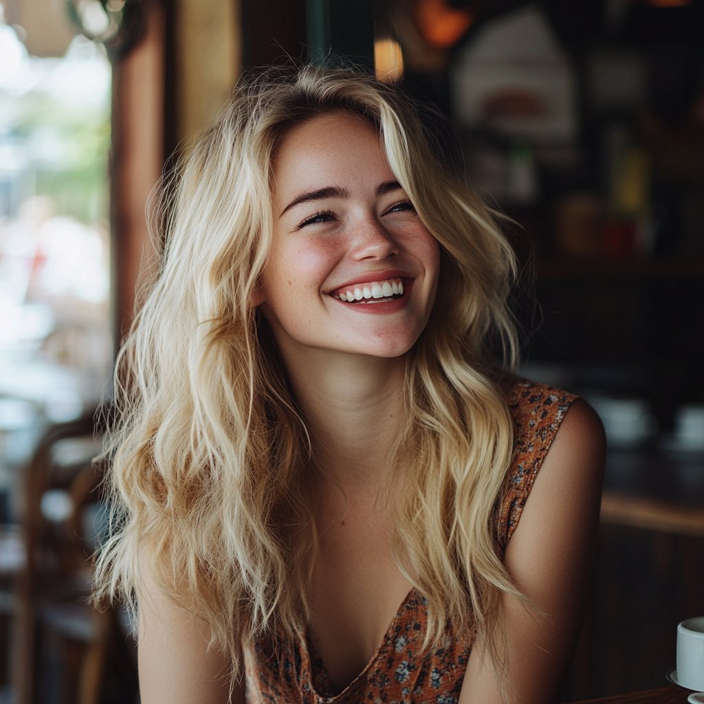 A laughing woman in a cafe | Source: no source