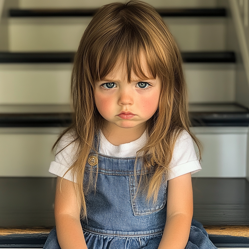 An upset little girl sitting on a staircase | Source: No source