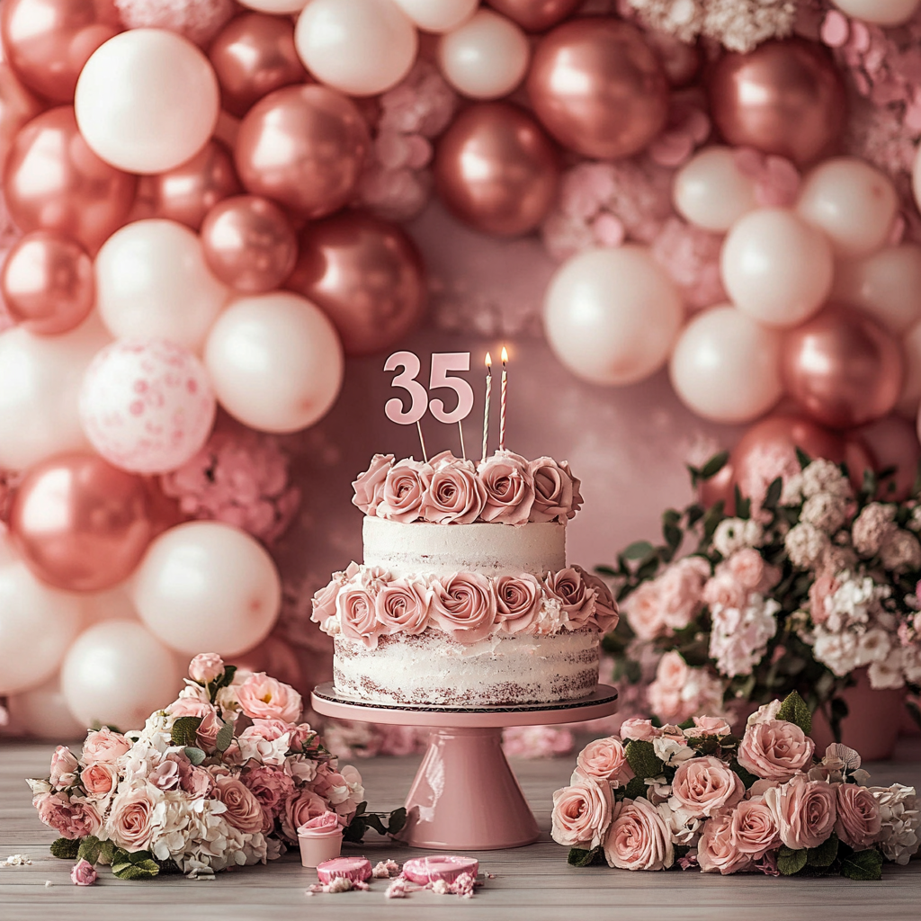 A festive 35th birthday celebration setup with balloons, a decorated cake, lit candles, fresh flowers, and a stylish party backdrop | Source: No source