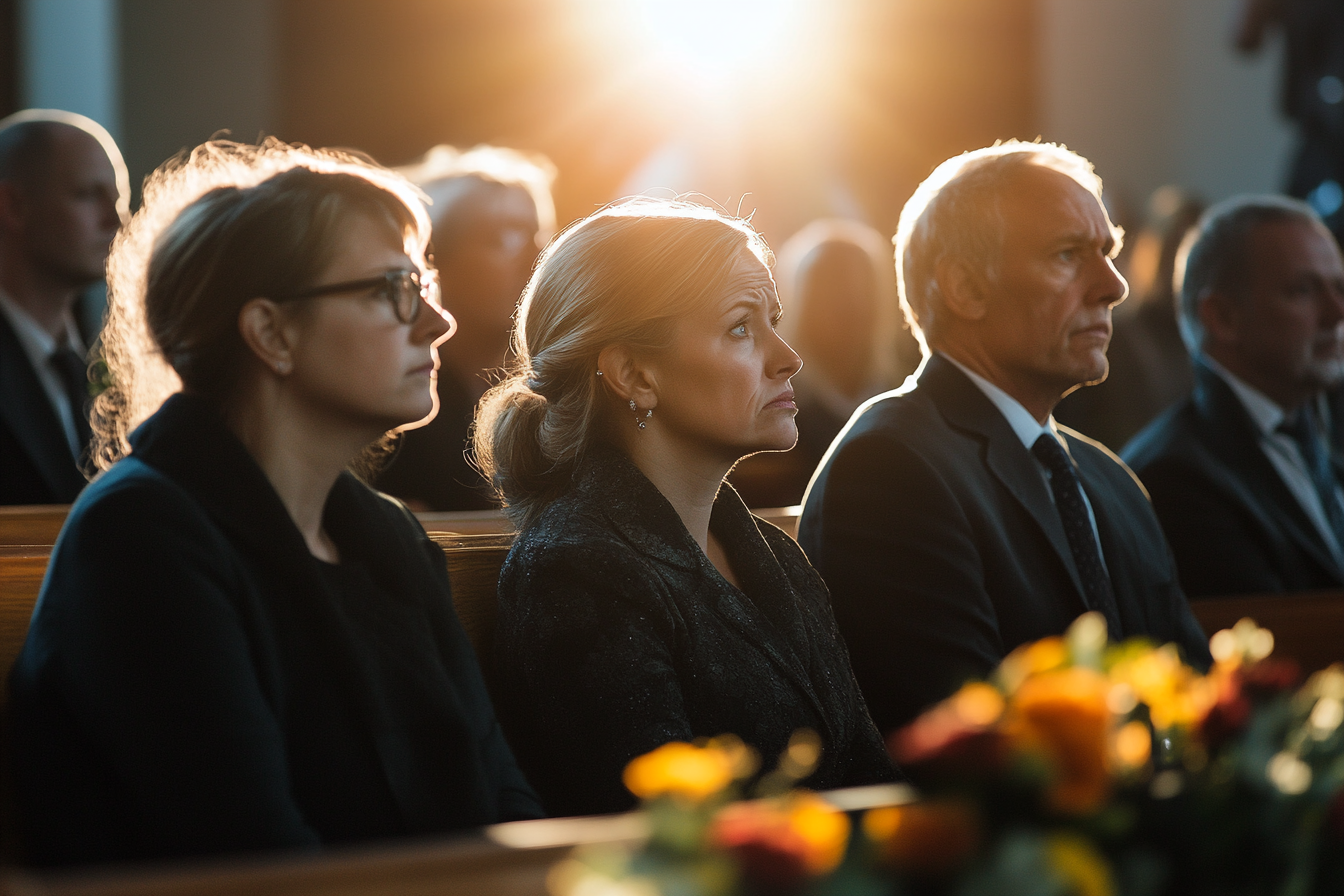 Serious people at a funeral in a chapel | Source: no source