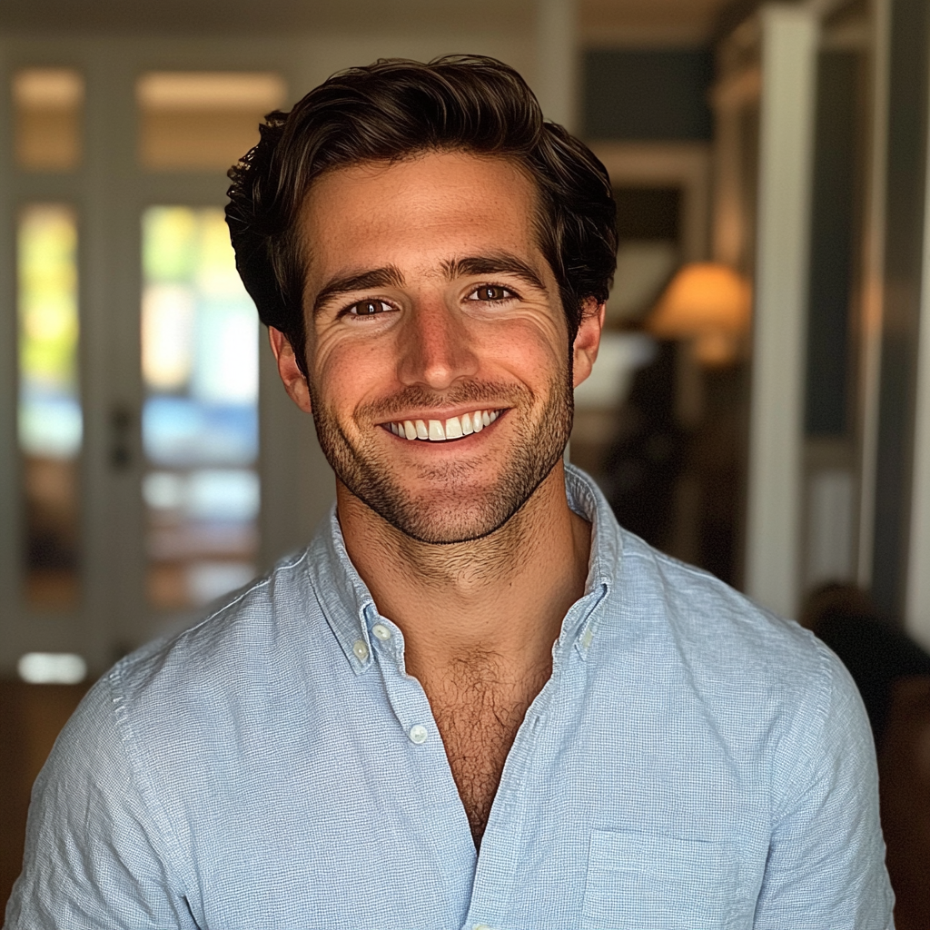 A smiling man standing in a foyer | Source: no source