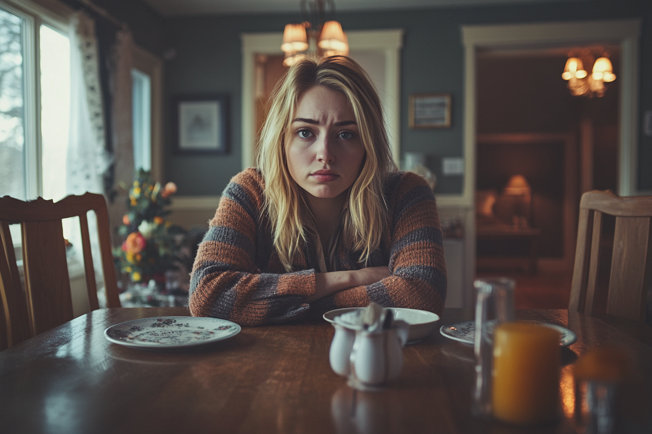 A tense woman seated at a dinner table | Source: No source
