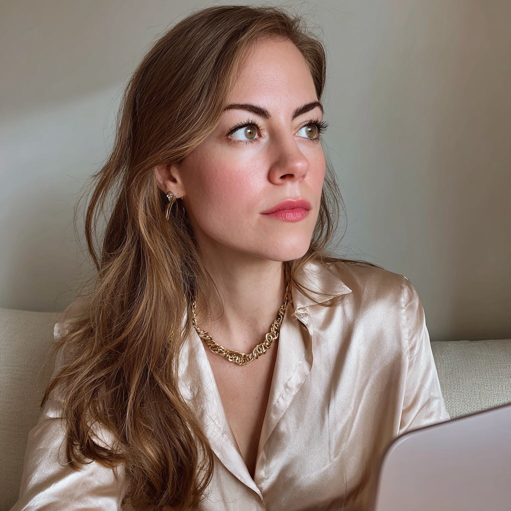 A close up of a woman sitting on a couch | Source: No source
