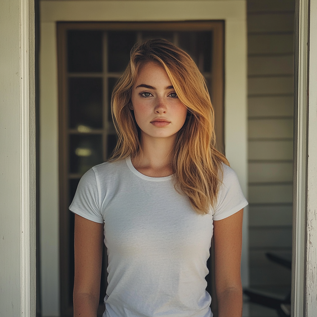 Beautiful young woman standing on her front porch | Source: no source