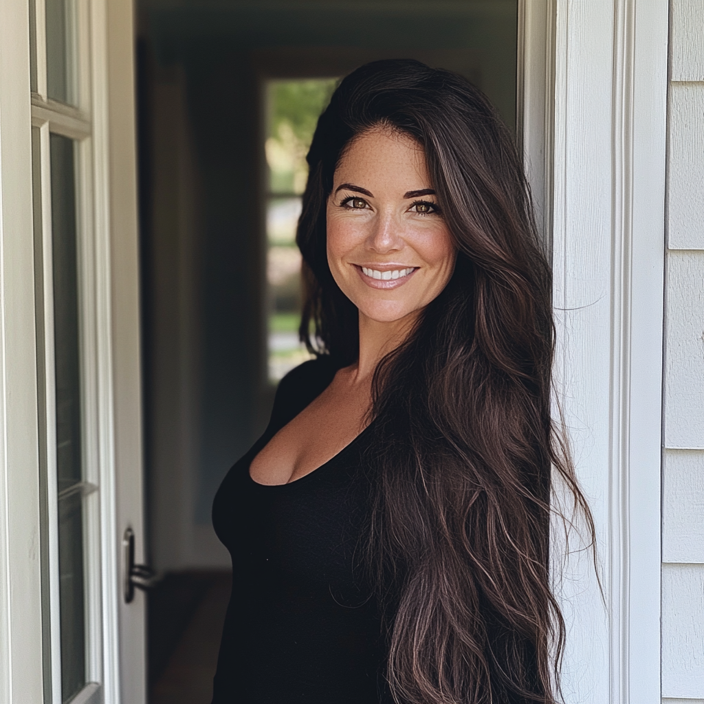 A woman leaning against her door and smiling | Source: No source