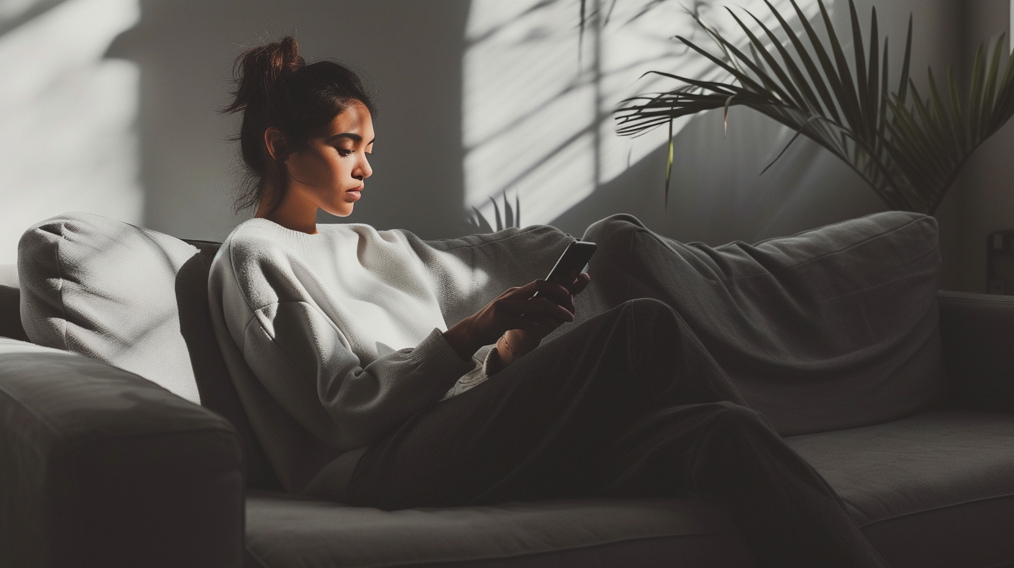 A woman sitting on a couch with her phone | Source: No source