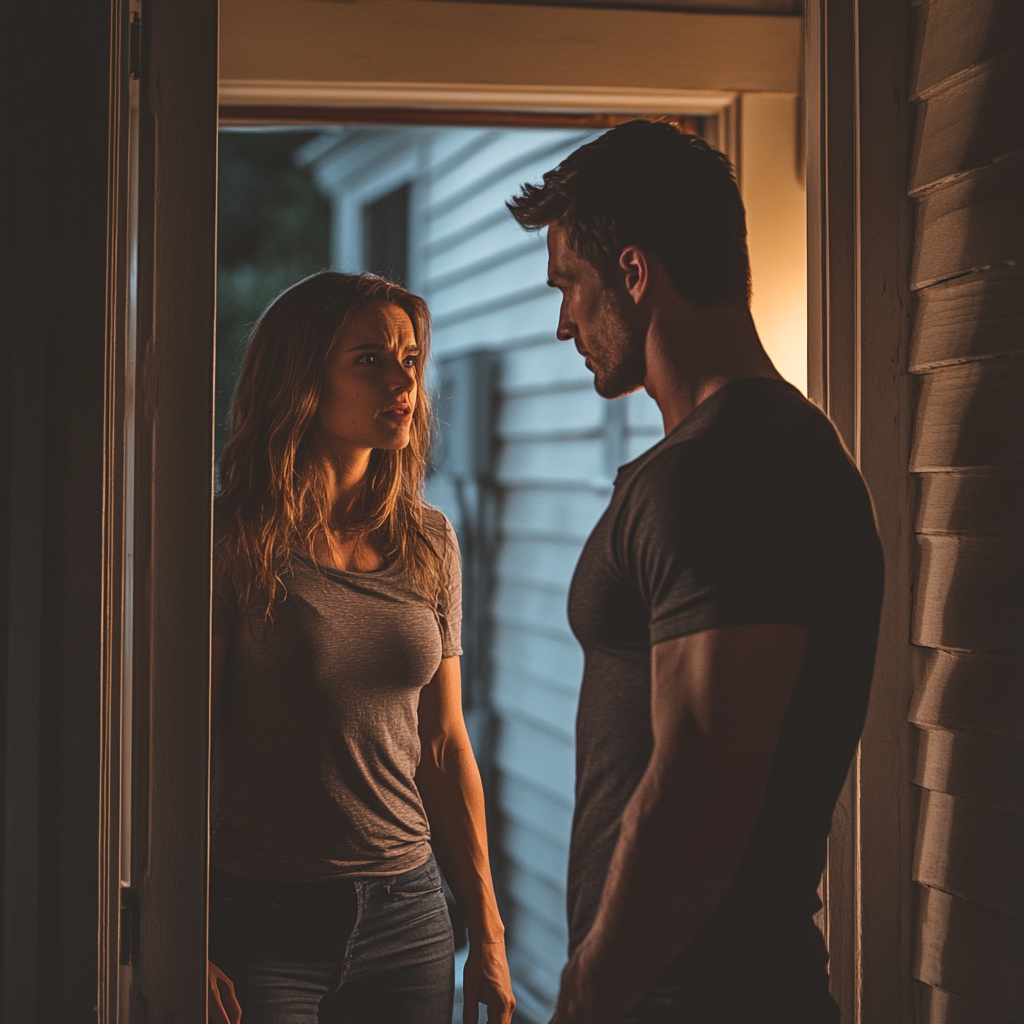 An angry man talking to a woman on his doorstep | Source: No source