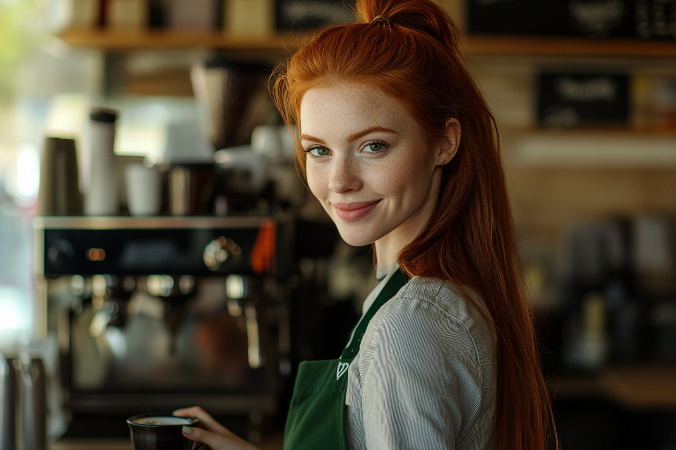 A woman smiling in a barista uniform, holding a coffee cup | Source: no source