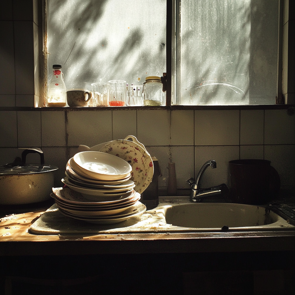 Dishes stacked on a kitchen sink | Source: no source