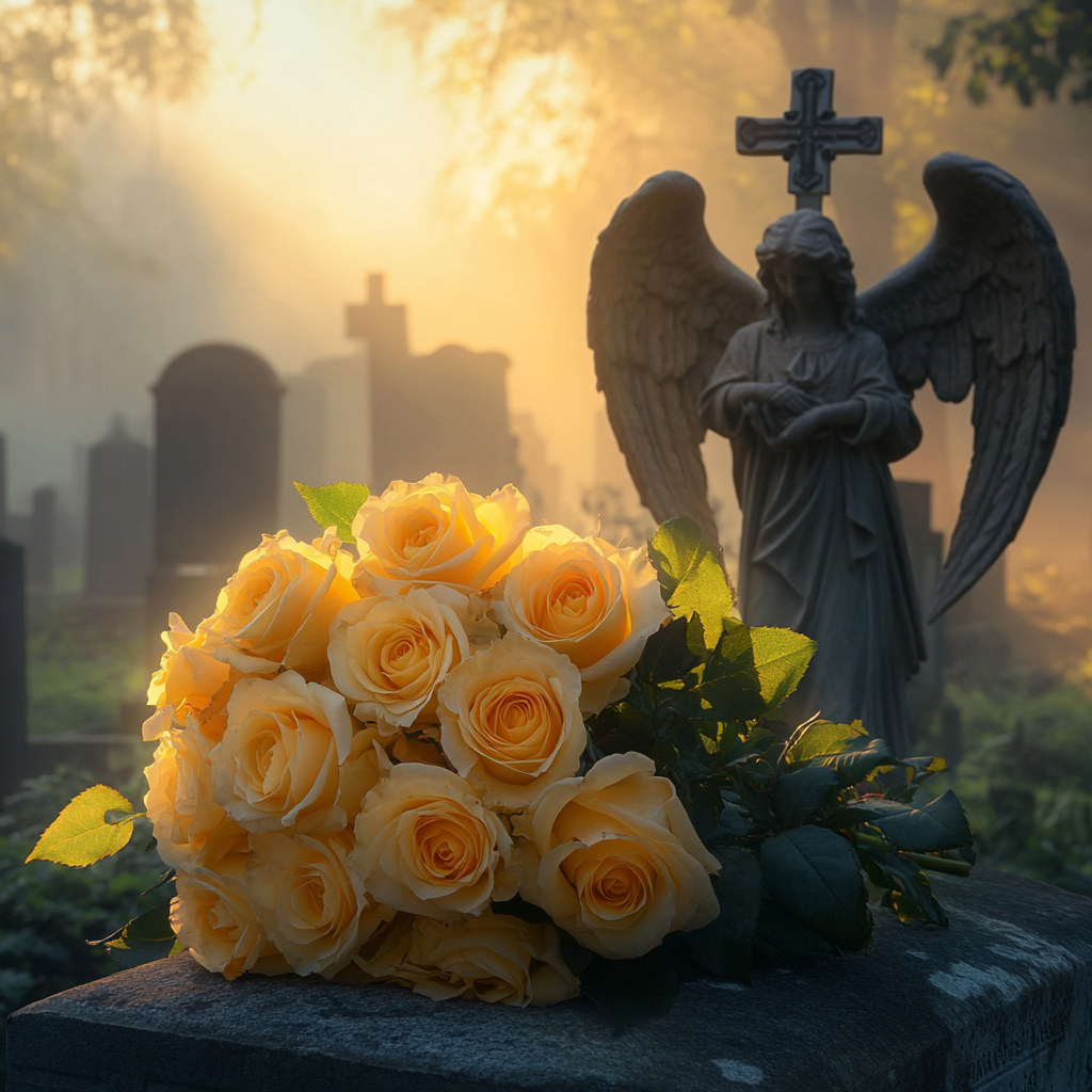 A bouquet of yellow roses on a gravestone | Source: no source