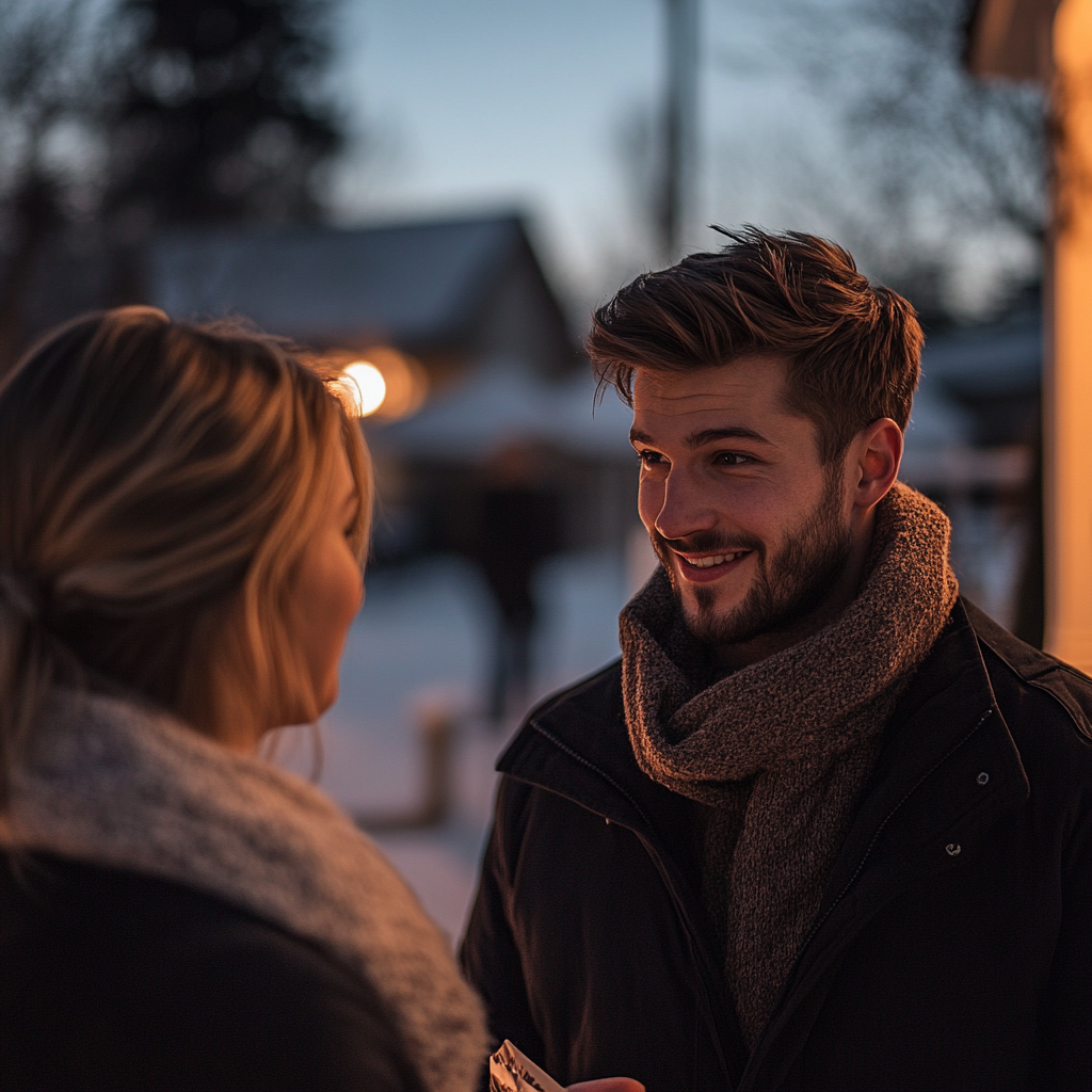 A man talking to a woman on a Christmas fair | Source: No source