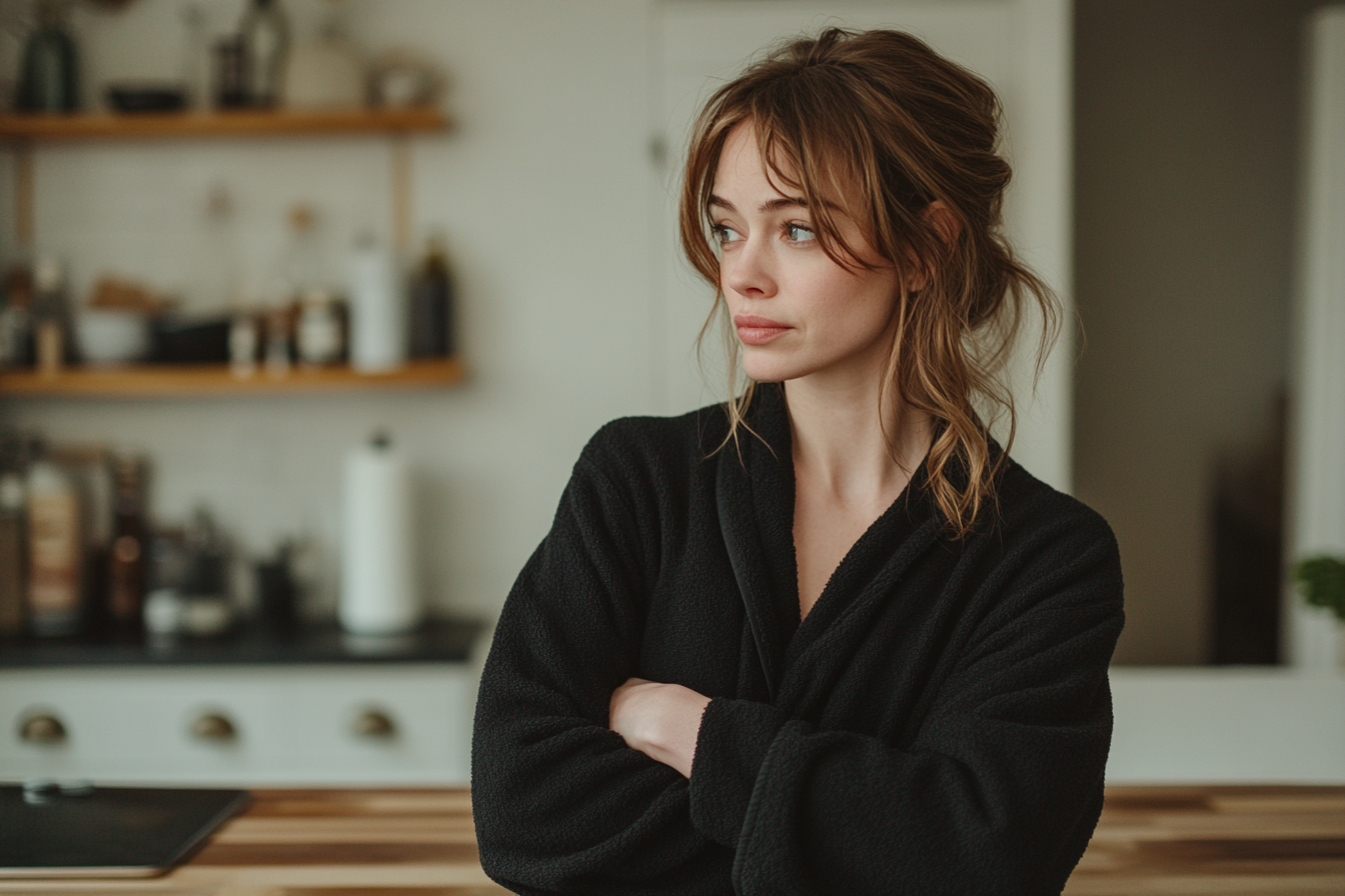 A thoughtful woman standing in a kitchen with her arms crossed | Source: No source