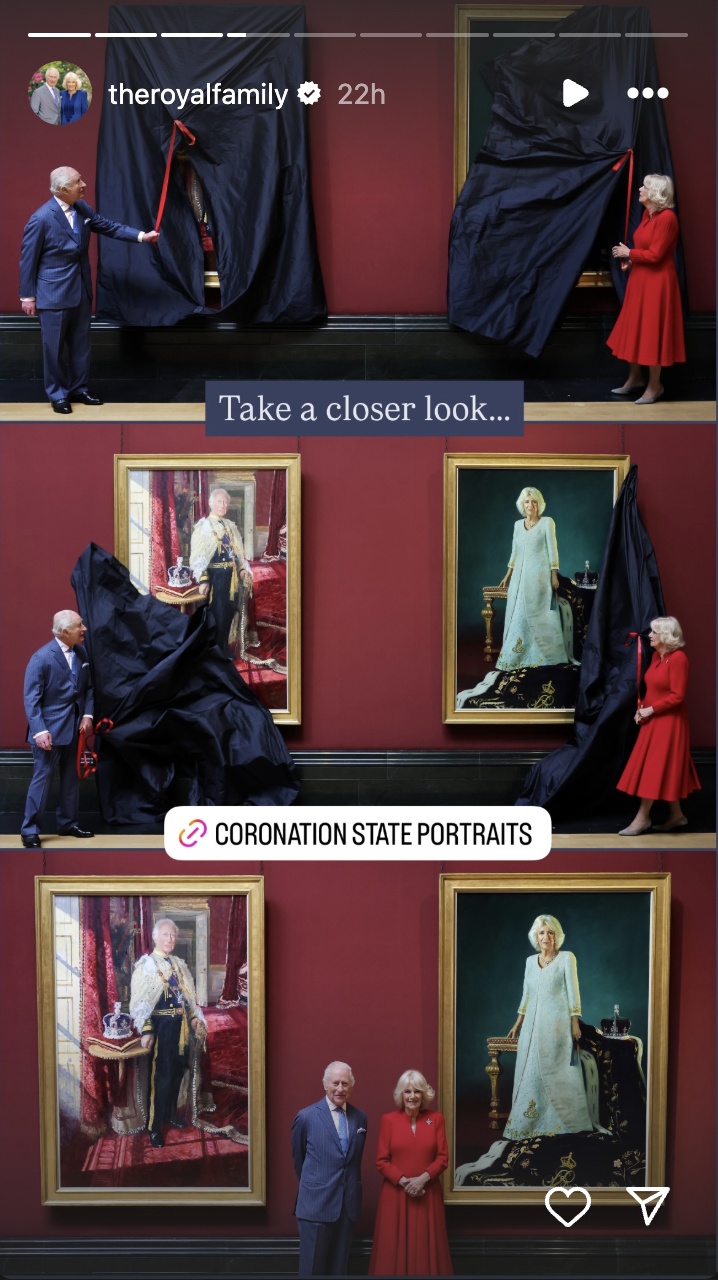 King Charles and Queen Camilla unveil their state coronation portraits, as seen on The Royal Family's Instagram Story | Source: Instagram/theroyalfamily