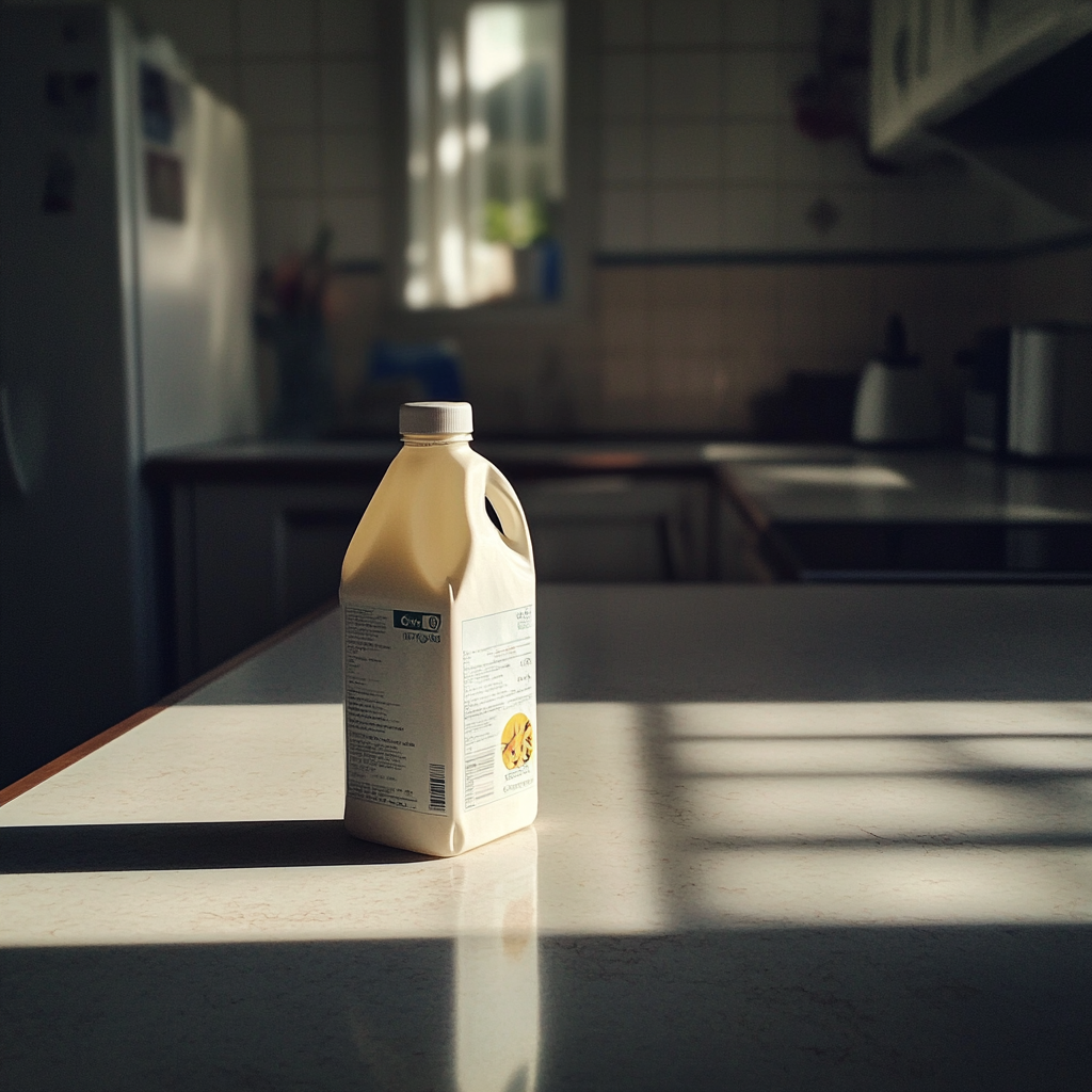 A bottle of milk on a kitchen counter | Source: no source