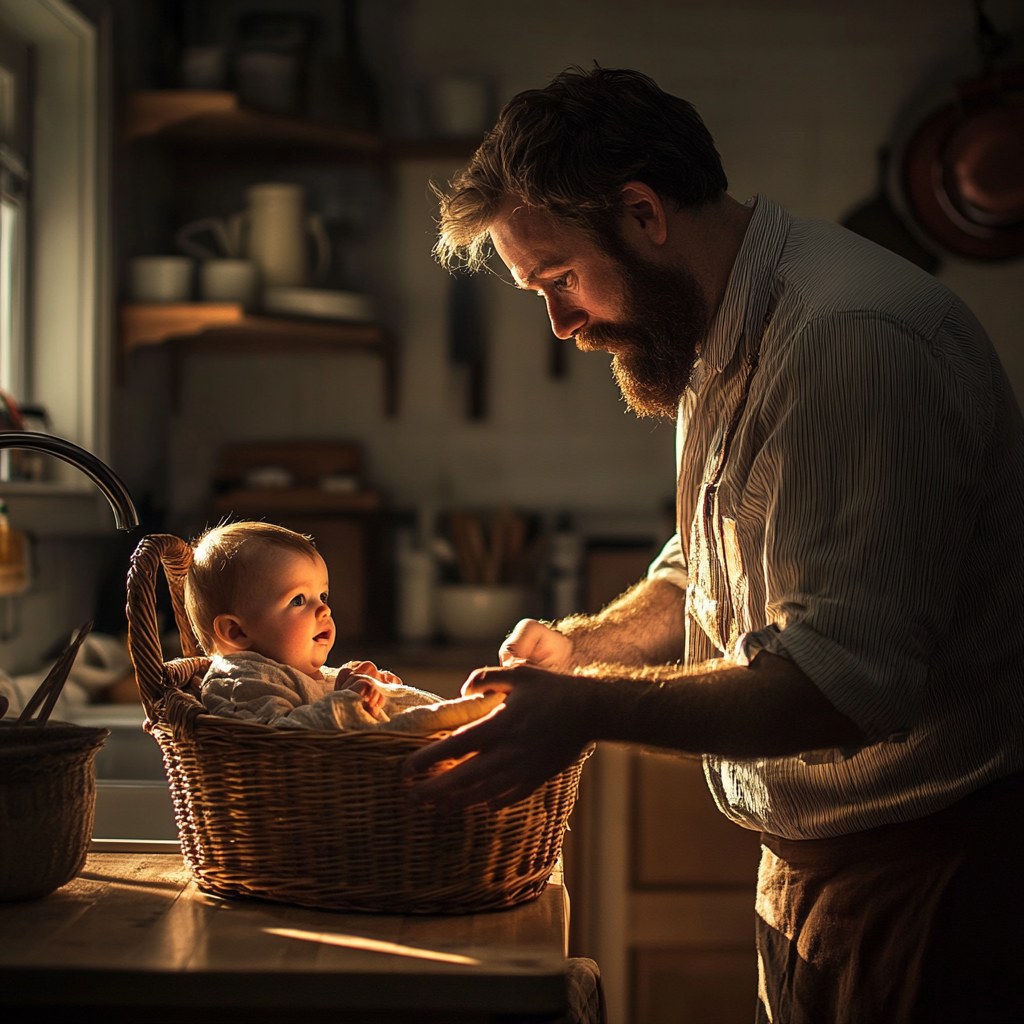 A man looking at a baby in the basket | Source: No source