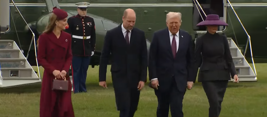 Catherine, Princess of Wales, moving her bag from one hand to another, as she and William, Prince of Wales receive US President Donald Trump and First Lady Melania Trump at Windsor Castle on September 17, 2025, in Windsor, England | Source: Youtube/Sky News