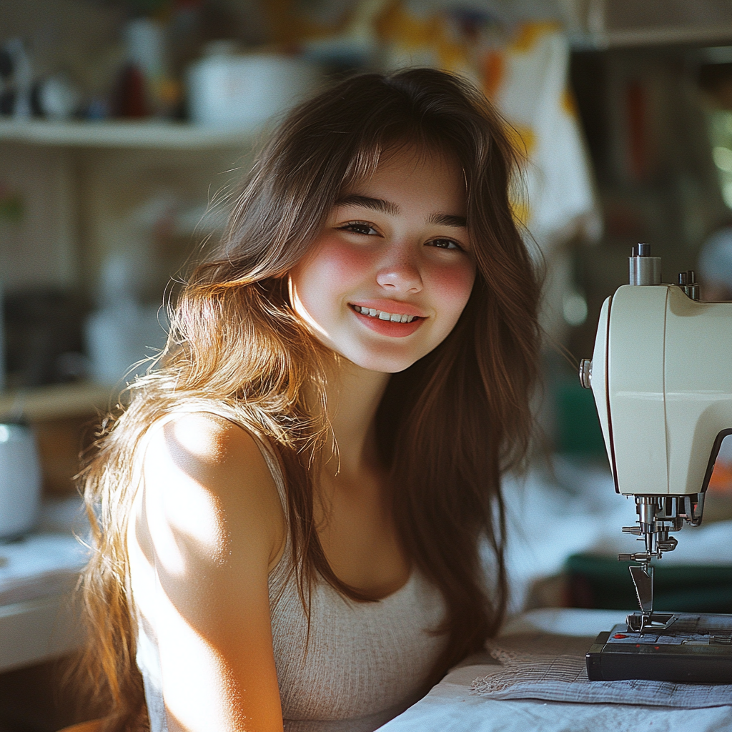 A happy girl with her sewing machine | Source: No source