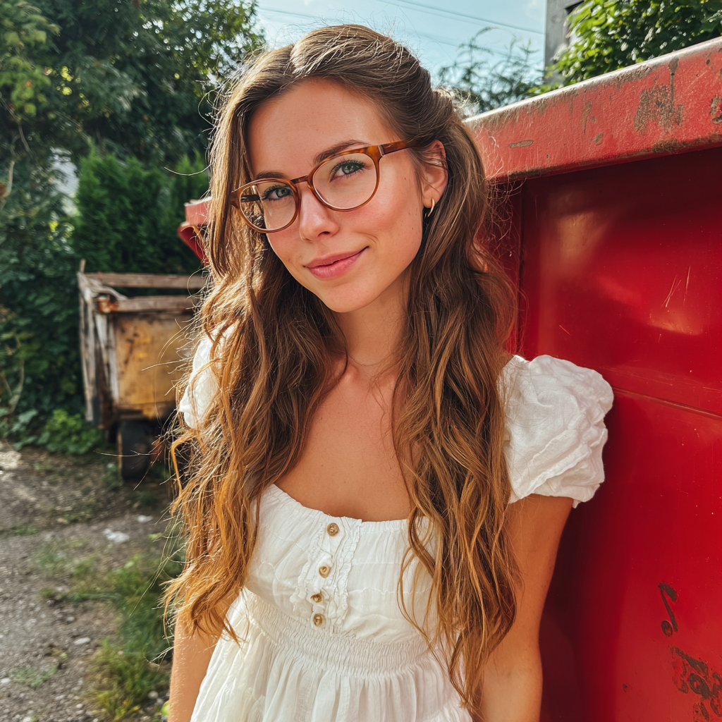 A woman standing next to a red dumpster | Source: no source