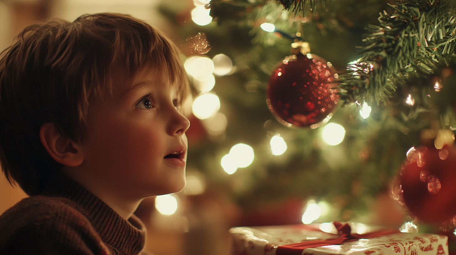 Boy looking at a Christmas tree | Source: No source