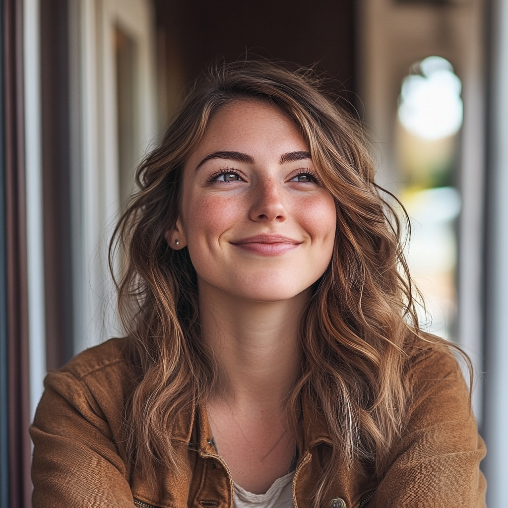 A thoughtful and happy woman standing on the front porch | Source: No source
