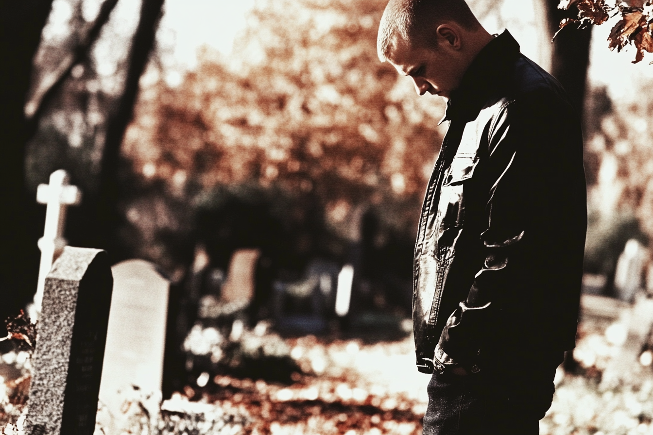 A man staring down at a gravestone in a cemetery | Source: No source