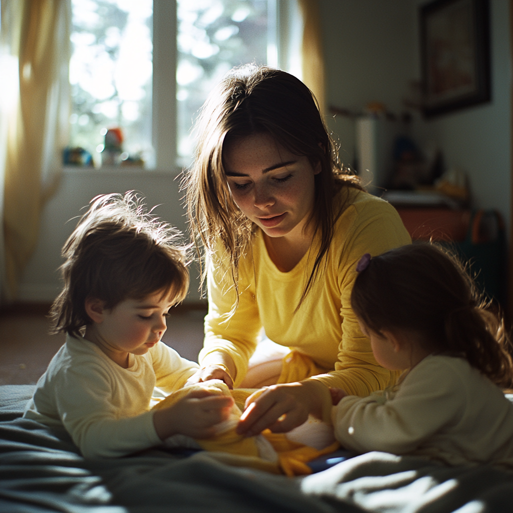 A woman keeping her children busy | Source: No source
