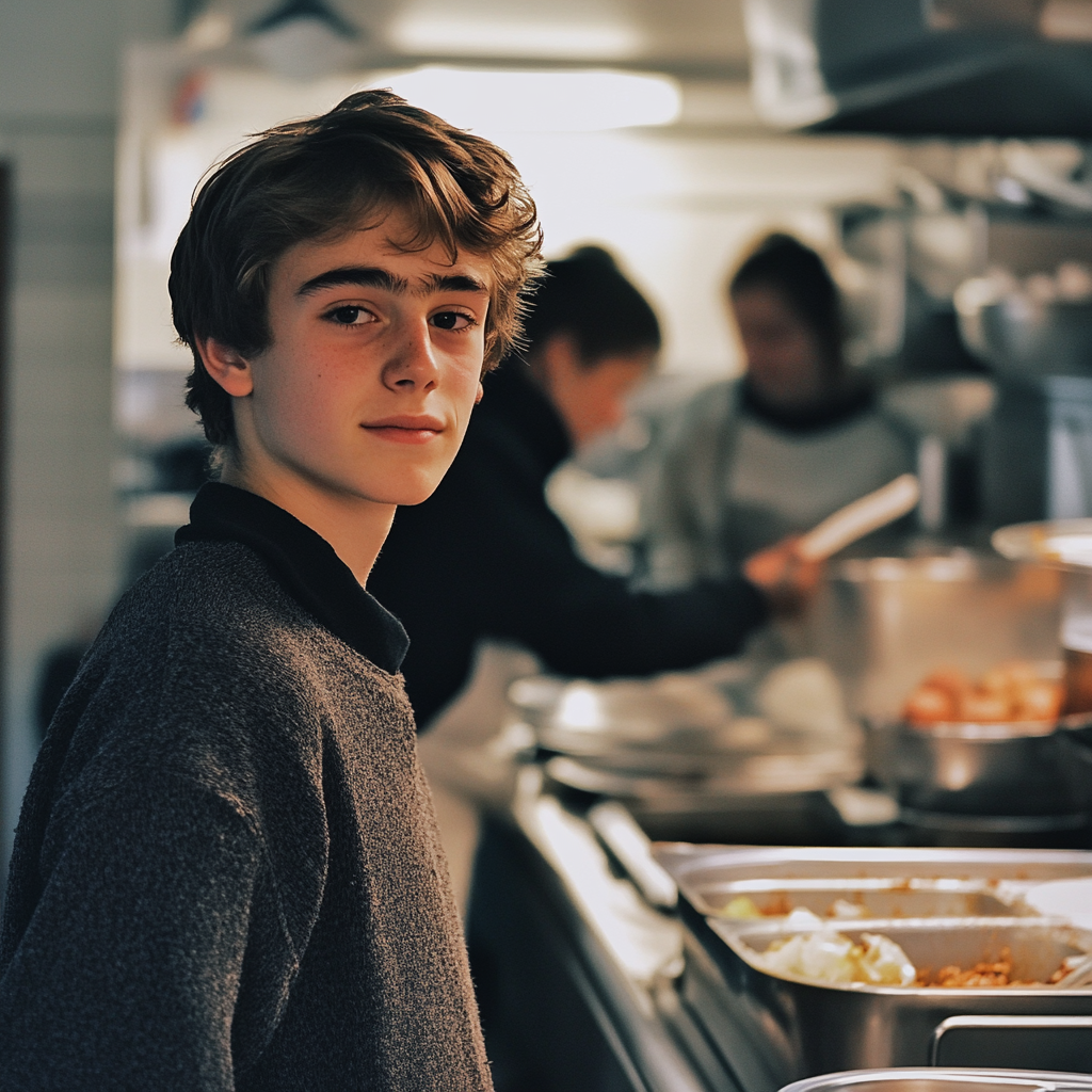 A boy volunteering at a soup kitchen | Source: no source