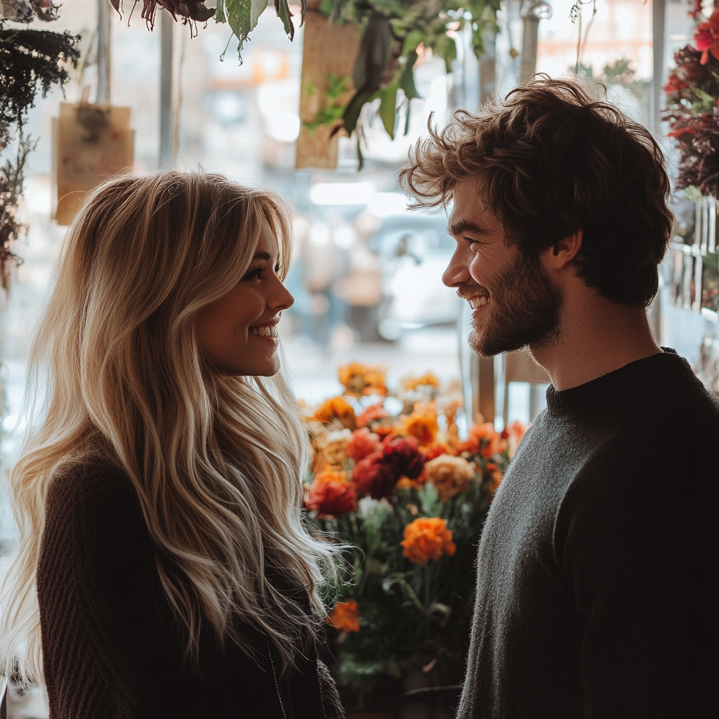 A happy couple in a flower shop | Source: no source