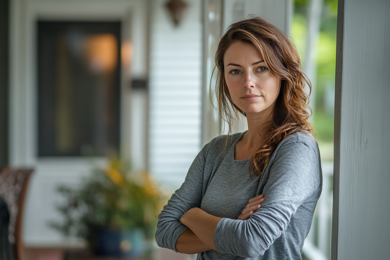 A woman standing on a porch with her arms crossed | Source: no source
