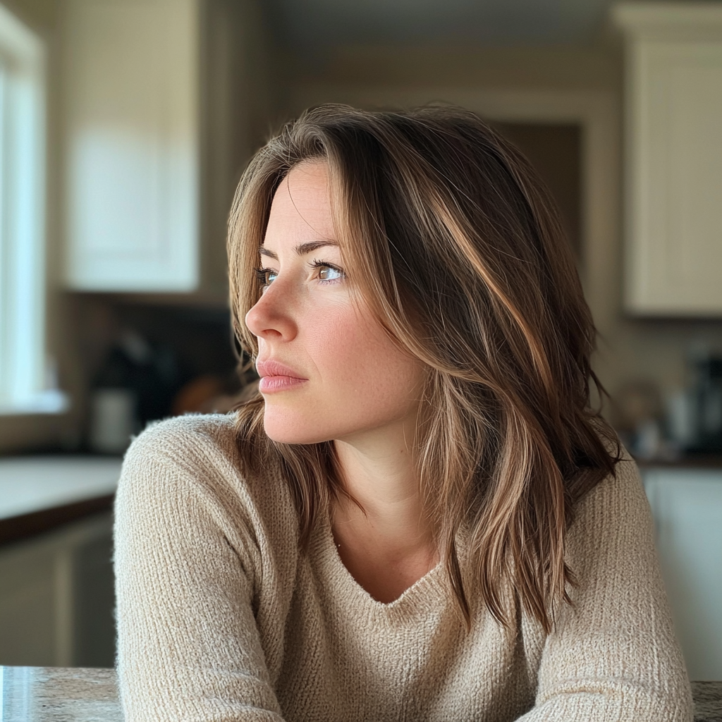 A woman sitting at a kitchen counter | Source: No source
