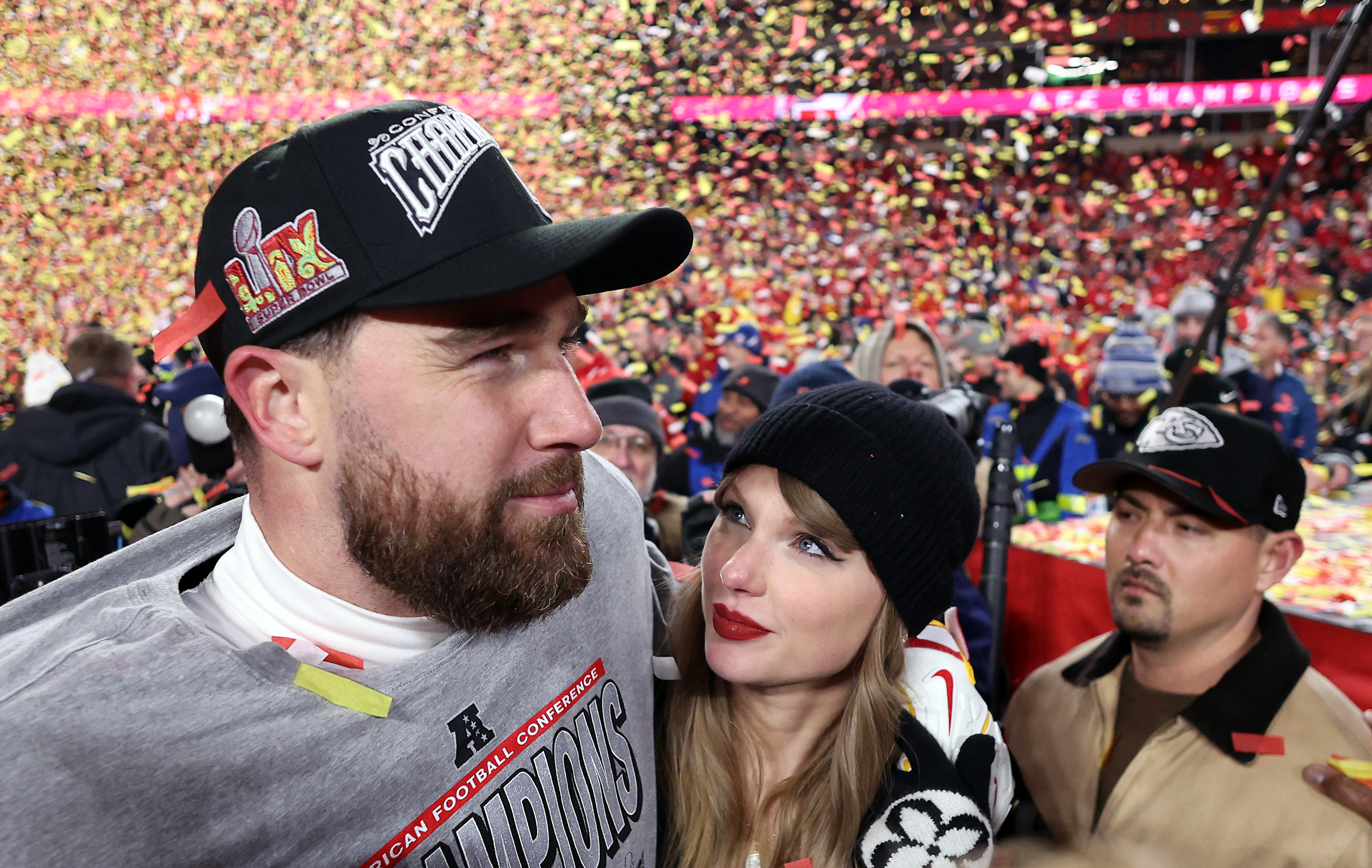 Travis Kelce and Taylor Swift following the AFC Championship Game at GEHA Field at Arrowhead Stadium on January 26, 2025, in Kansas City, Missouri. | Source: Getty Images