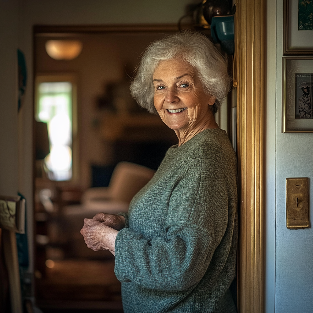 A smiling elderly lady standing next to the door and looking at someone | Source: no source