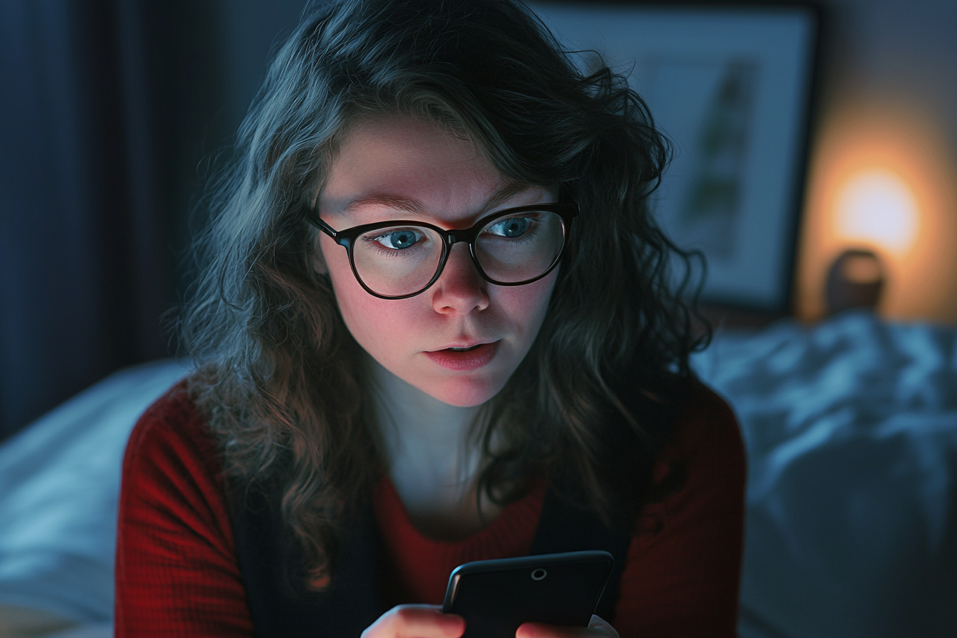 A woman looking away from the phone in her hands | Source: no source