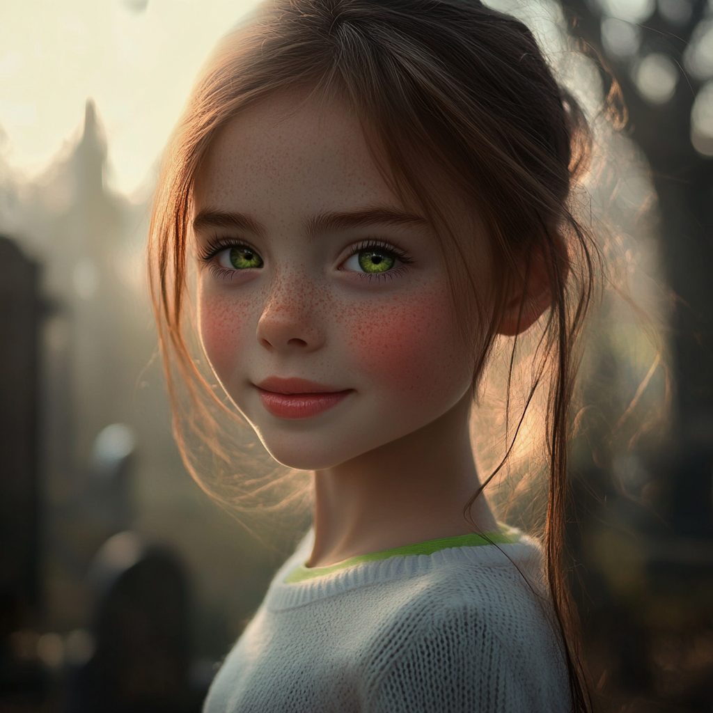 An emotional little girl smiling in a cemetery | Source: no source