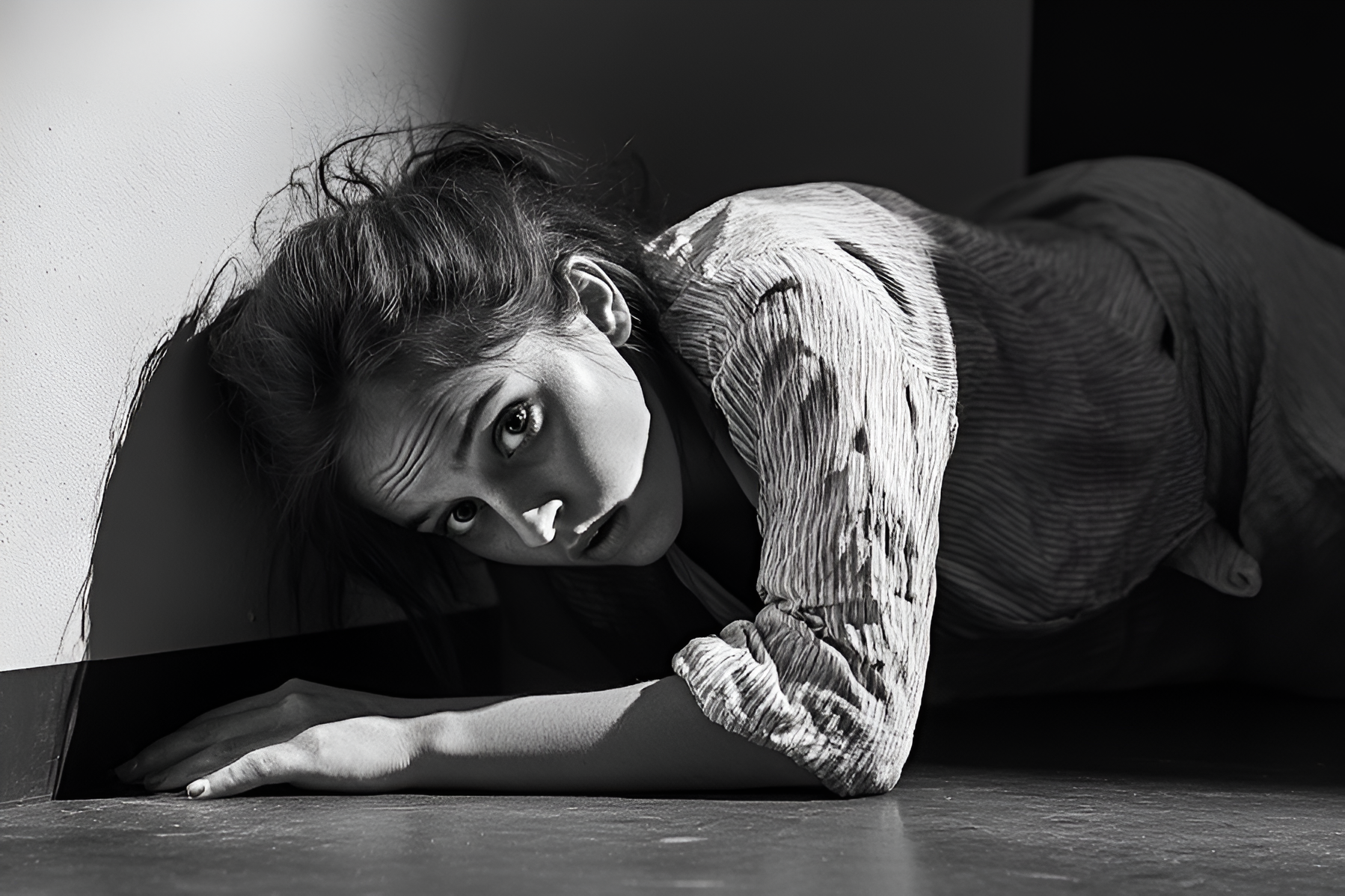 Grayscale shot of a woman hiding | Source: No source
